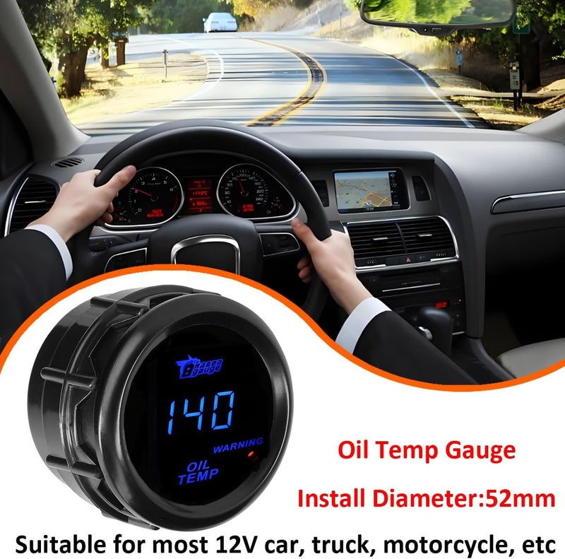 LKRXW Car Oil Temperature Gauge 12V Auto Oil Temp Gauge Meter Celsius 2" 52mm Digital Blue Light Temp Instruments 40to 150 Celsius with Sensor - Image 3